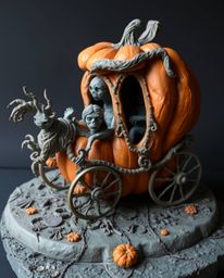 A sculptural clay artwork capturing the eerie transformation of a magical pumpkin into a carriage, set against a backdrop of