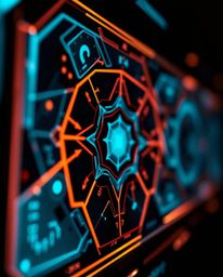 Experience the future up close with this extreme macro shot showcasing a futuristic digital interface.  Intricate geometric p