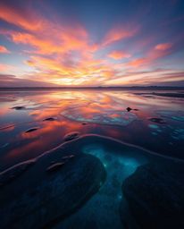 A photograph showcases a mesmerizing sunset sky as it is mirrored in tidal pools on a beach, which come alive with glowing bi