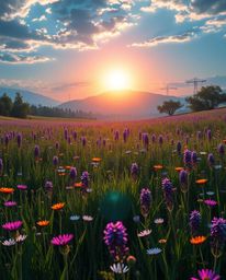 A grand and epic scene depicting a spring wildflower meadow at sunset, reimagined in a modern future setting. The artwork is 