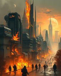 A stunning digital painting depicting a futuristic city consumed by flames, with people desperately fleeing the chaos. The ar