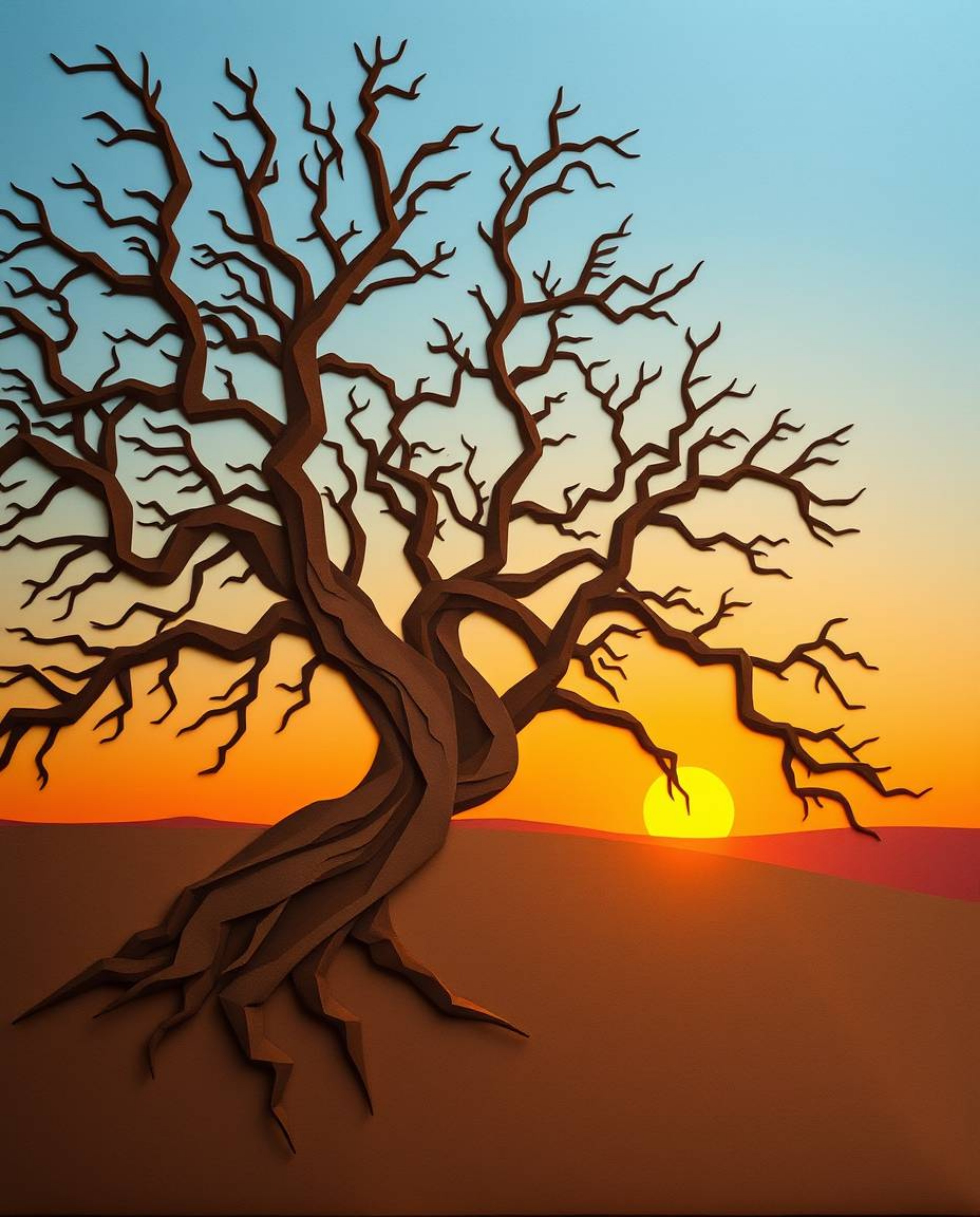 A high-angle perspective photograph depicting a sunset behind an old oak tree with twisted branches, rendered in an intricate