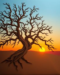 A high-angle perspective photograph depicting a sunset behind an old oak tree with twisted branches, rendered in an intricate
