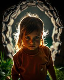 A captivating high-resolution stock photo depicts a determined child discovering a magical portal in their backyard. Intense