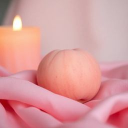 Experience the soothing visuals of a close-up ASMR image featuring a soft, blushing pink peach resting on silky pastel pink f