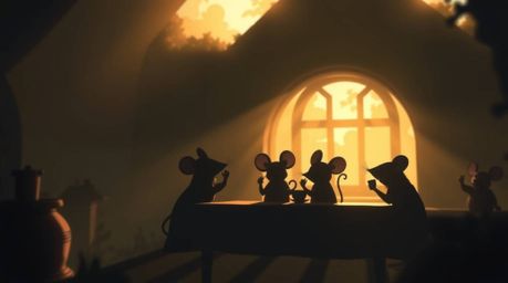 A captivating digital painting showcases silhouetted anthropomorphic mice enjoying a tea party in a cozy cottage.  The scene 