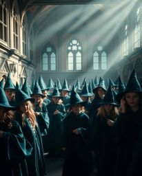 Explore a magical school teeming with young wizards, brought to life in rich, deep teal hues.  Experience the luxurious and v