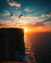 This is an extreme macro close-up of a sunset over a coastal cliff, featuring the minute details of soaring birds. The photog