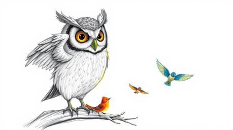 A charming hand-drawn sketch depicts a blind owl, rendered in textured pencil strokes, patiently teaching vibrant little bird