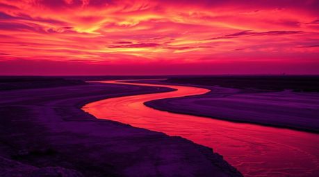 A captivating image of a winding river glowing under a dramatic orange-pink sky.  Rendered with deep ultraviolet hues, the ri