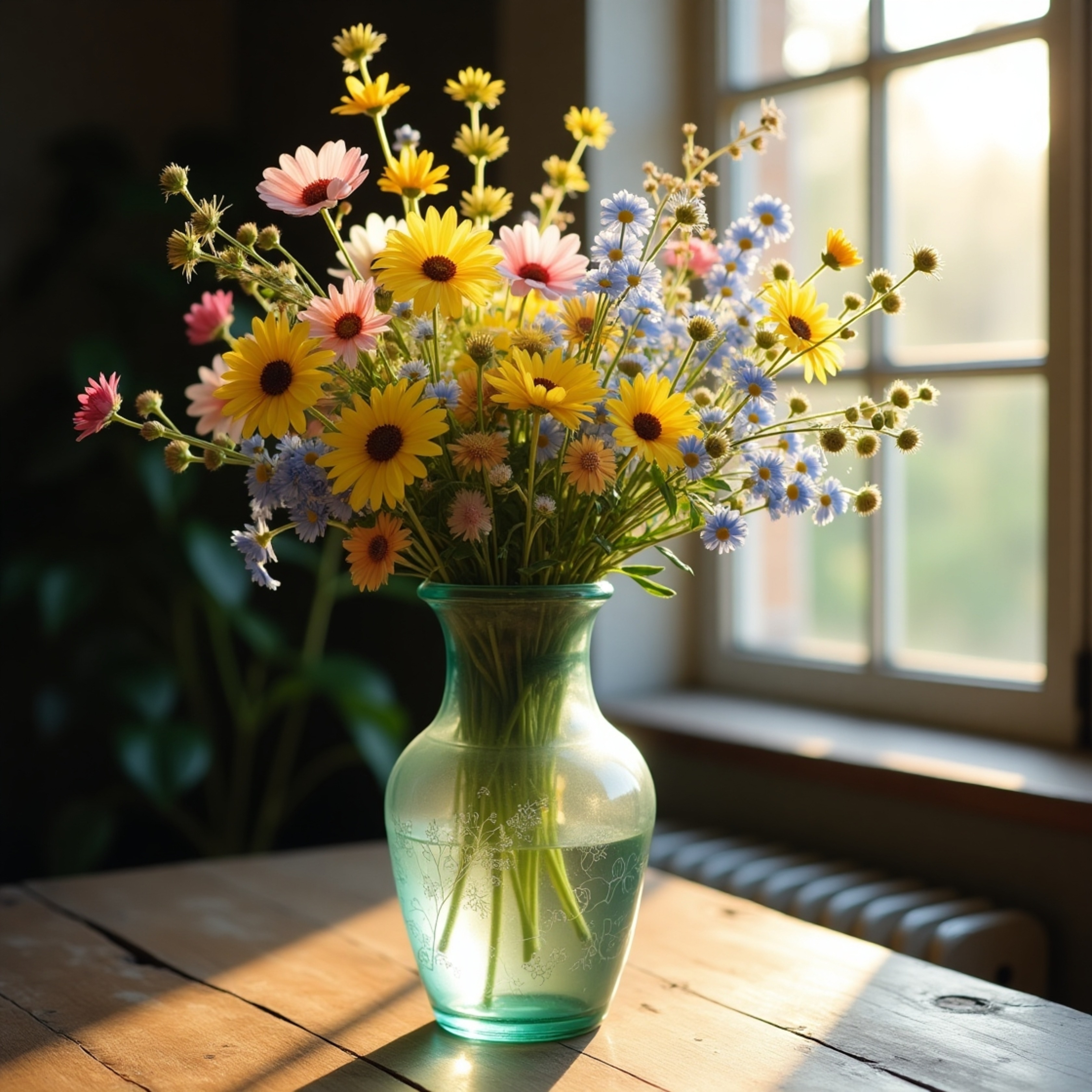 A slender glass vase, delicately etched, holds a vibrant bouquet of wildflowers in yellows, blues, and pinks. Bathed in the