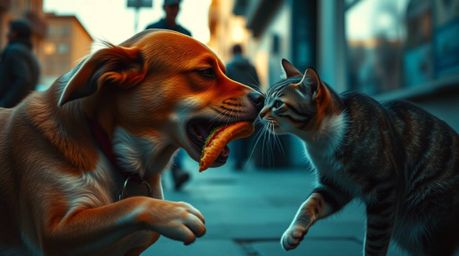 A candid street photograph captures a dramatic moment of a dog and cat locked in a battle over a sandwich. The chiaroscuro li
