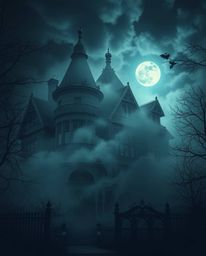 This image depicts an eerie and creepy atmosphere surrounding a fog-covered Victorian mansion bathed in moonlight. The dark t