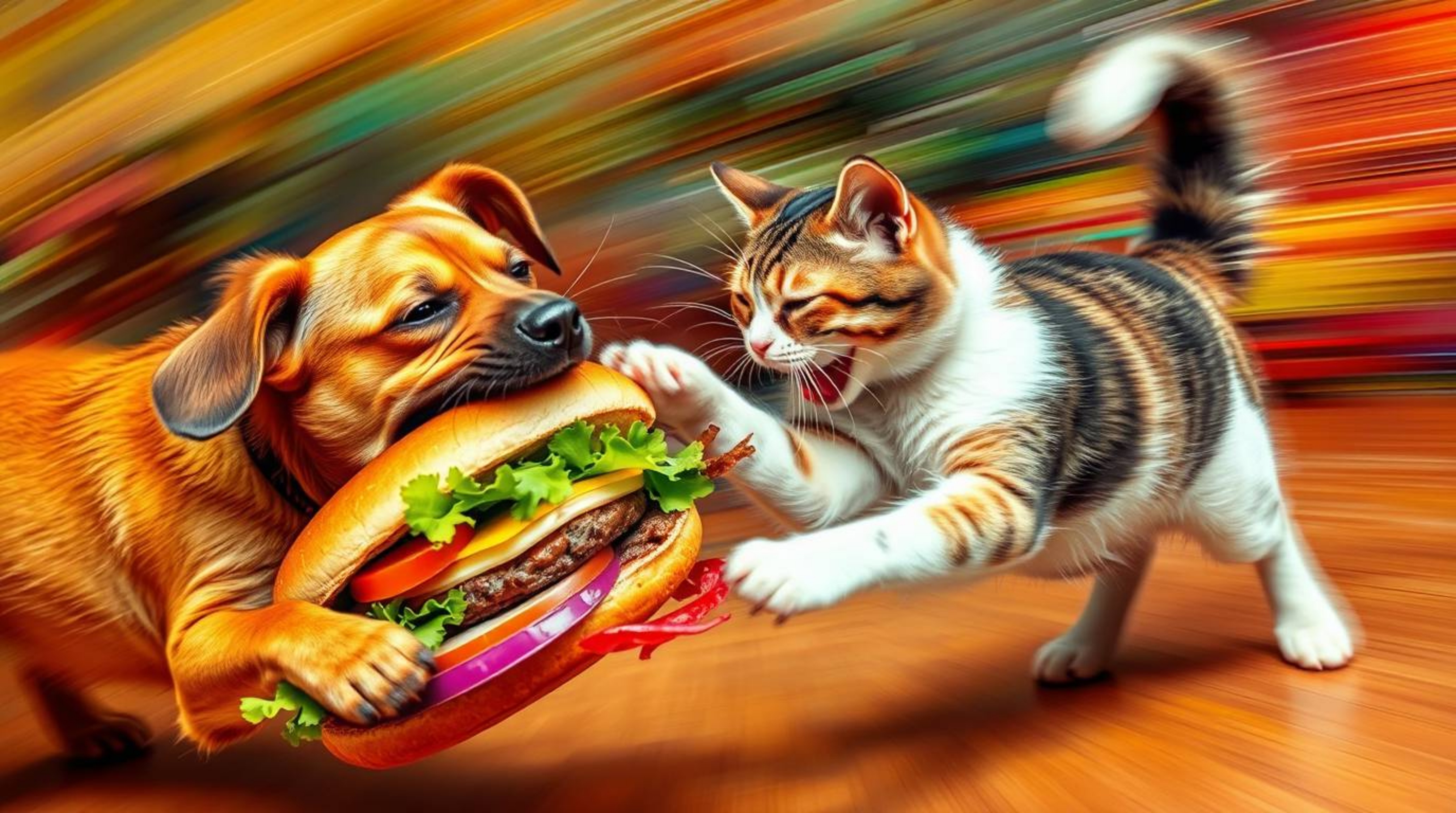 A dynamic and vibrant image depicting a dog and cat engaged in a playful yet intense battle over a massive sandwich.  Blurred