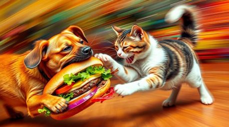 A dynamic and vibrant image depicting a dog and cat engaged in a playful yet intense battle over a massive sandwich. Blurred