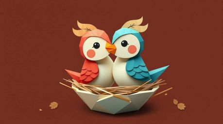 This intricate origami-style illustration features two charming cartoon birds with refined features diligently building a nes