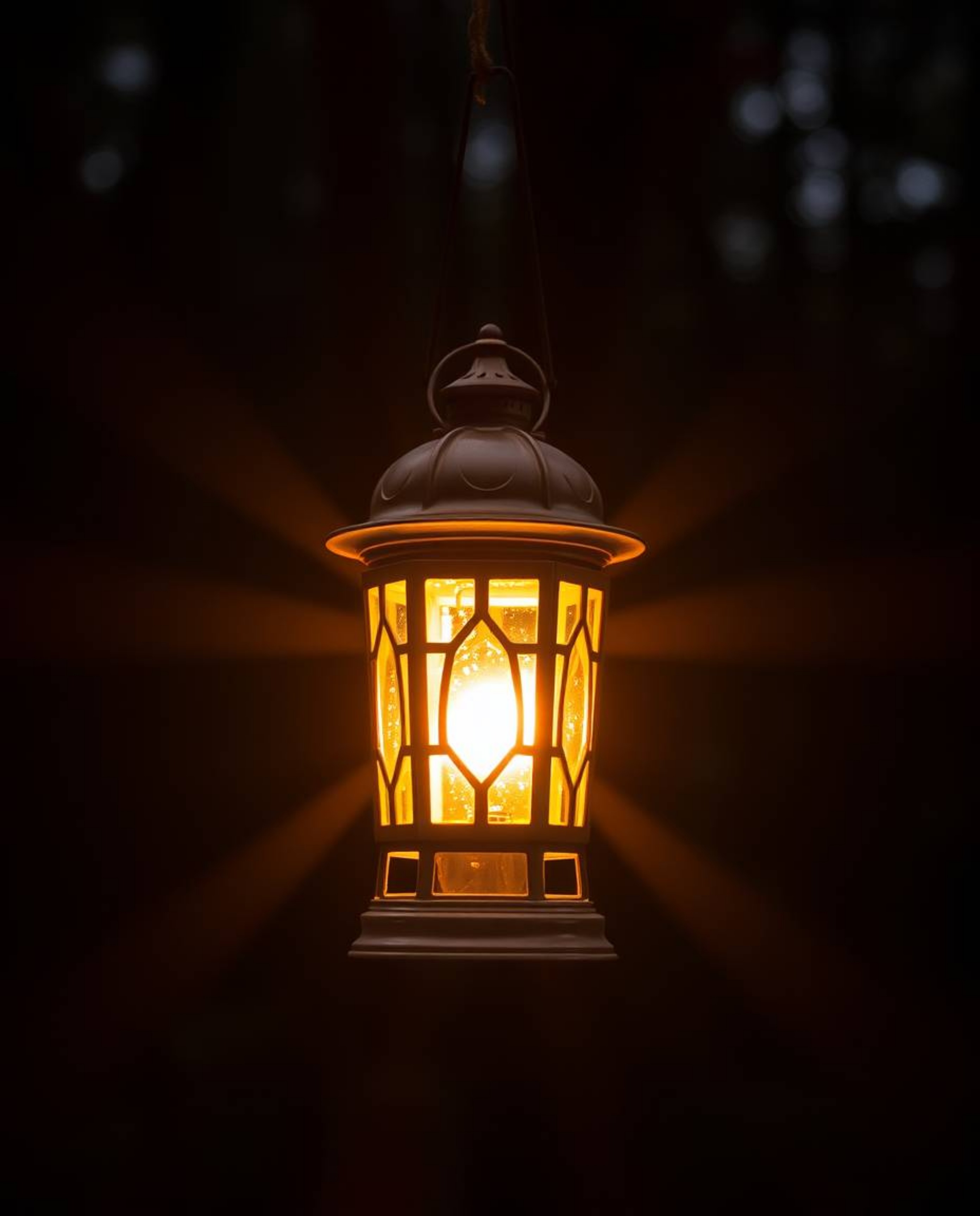 A glowing lantern, sharply focused amidst a dark forest, casts a warm, golden glow that illuminates the surrounding trees. Th