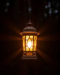 A glowing lantern, sharply focused amidst a dark forest, casts a warm, golden glow that illuminates the surrounding trees. Th