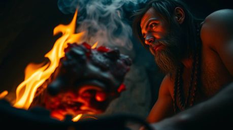 A dramatic low-angle shot captures a caveman engrossed in cooking mammoth meat over an open fire. His face is upturned, drawi