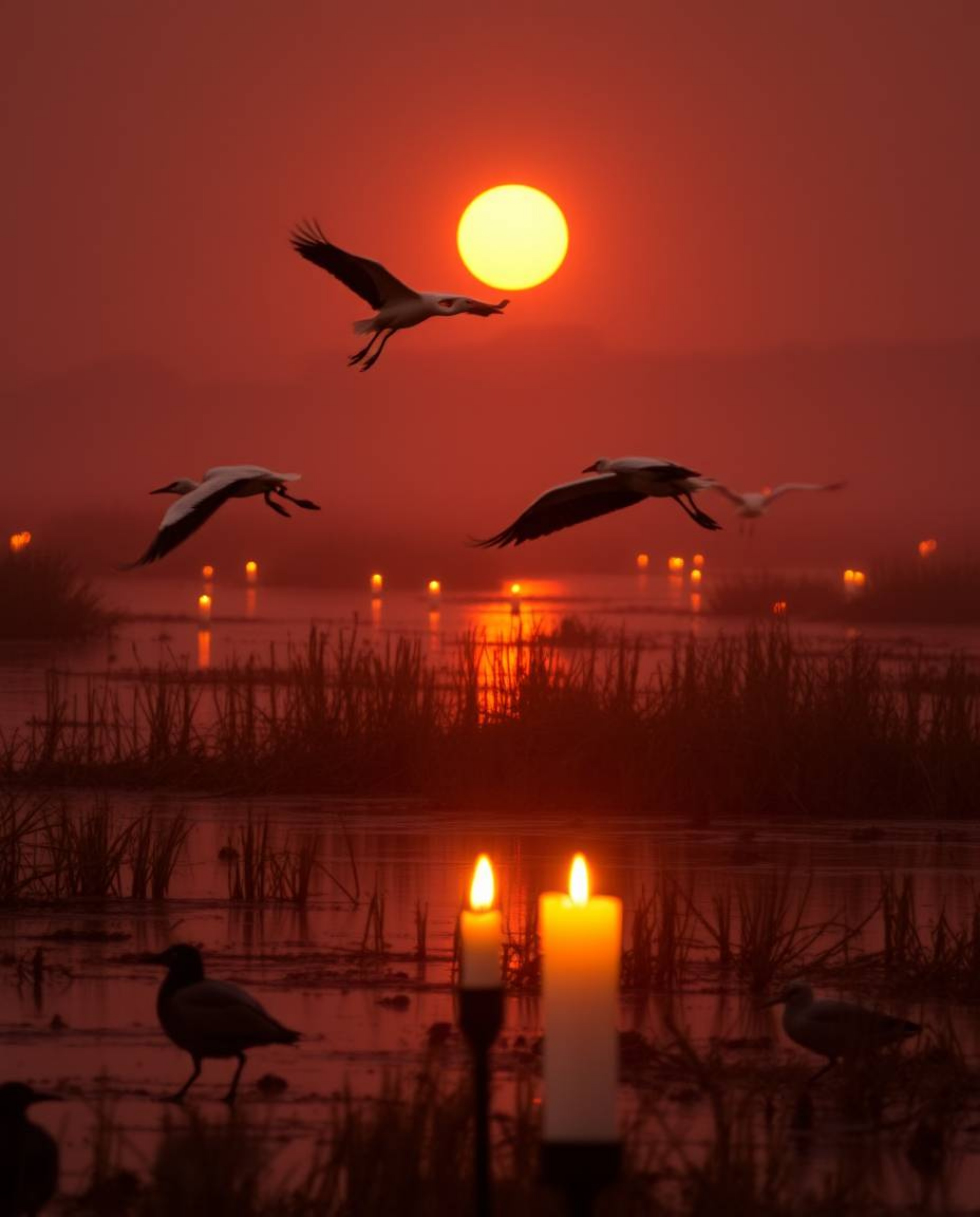 A radiant and luxurious scene of herons in flight during the golden hour in the wetlands, illuminated by the warm glow of can