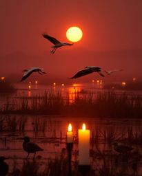 A radiant and luxurious scene of herons in flight during the golden hour in the wetlands, illuminated by the warm glow of can