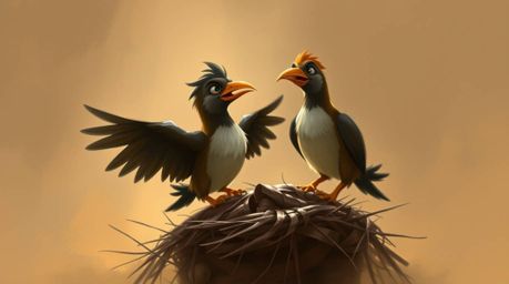 A dynamic digital sketch showcasing two cartoon birds building a nest in a classic animation style. The artwork features loo