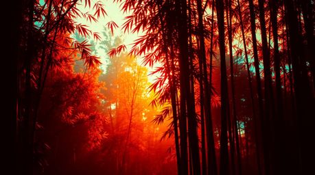Experience the captivating allure of a bamboo forest rendered in chiaroscuro style, bathed in the golden embrace of a warm su