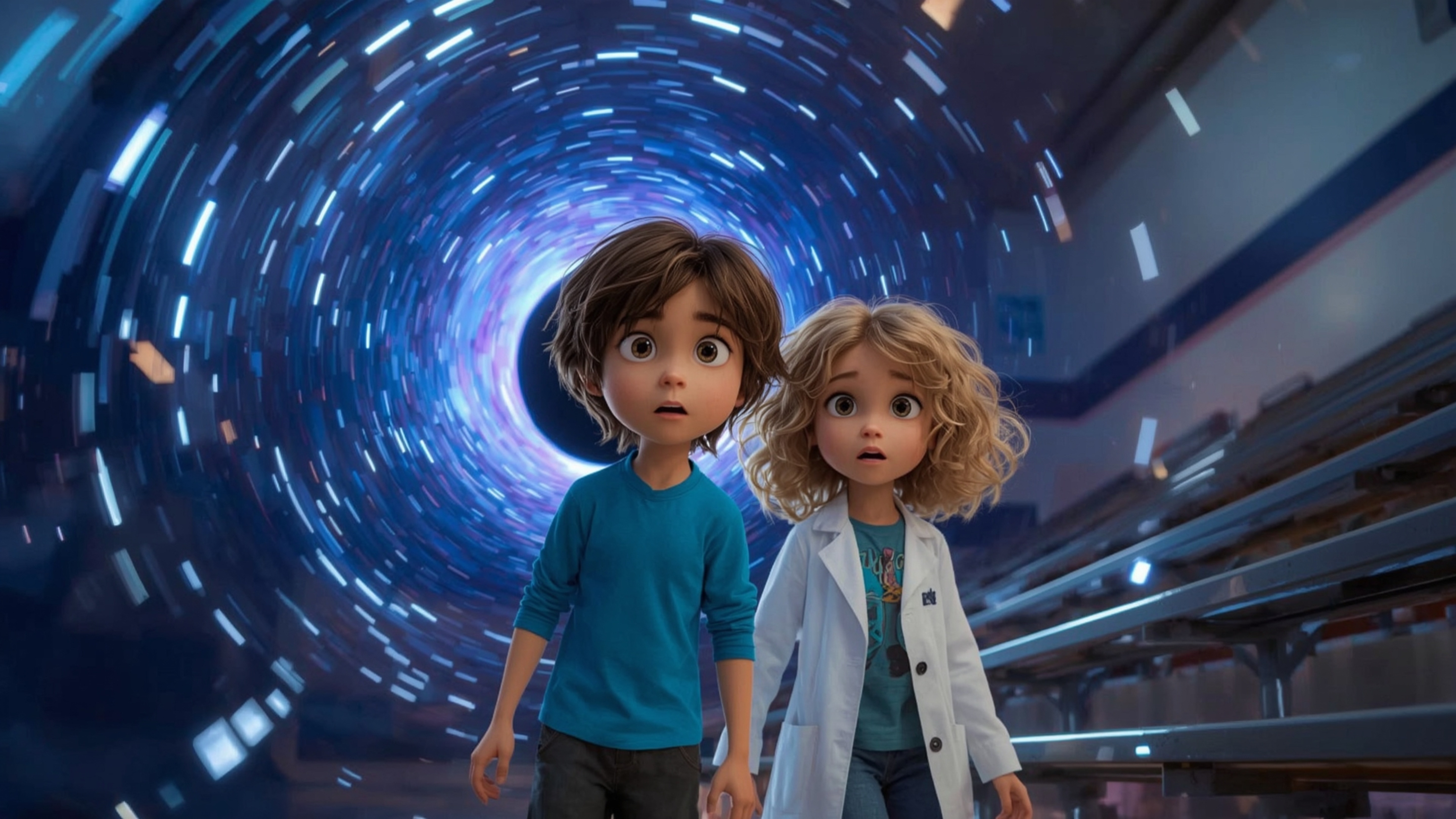 A vibrant, cinematic photograph of two enthusiastic science fair contestants, resembling Pixar characters, standing amidst th