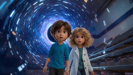 A vibrant, cinematic photograph of two enthusiastic science fair contestants, resembling Pixar characters, standing amidst th