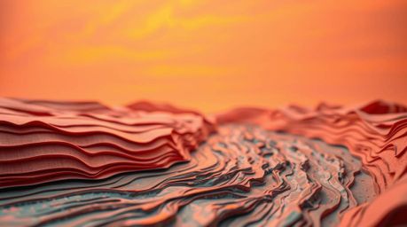 A dynamic, sculpted papier-mâché river winding under a dramatic orange-pink sky creates a captivating and visually striking s