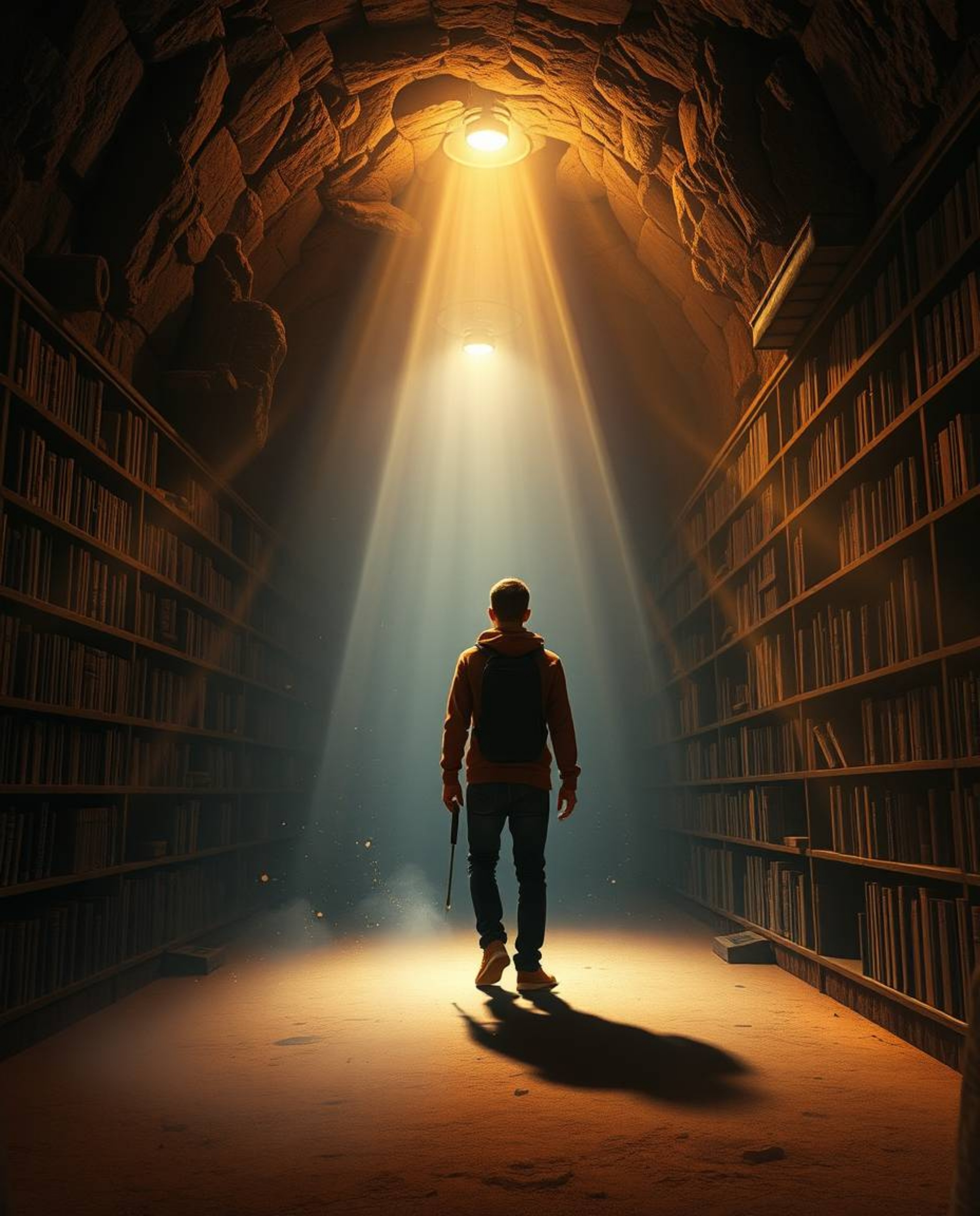Imagine a person stumbling upon a secret, hidden underground library bathed in warm, inviting light. Volumetric lighting crea