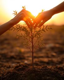 A warm, soft, and professional photograph depicting graceful hands planting a tree beneath a breathtaking golden sky.  The im