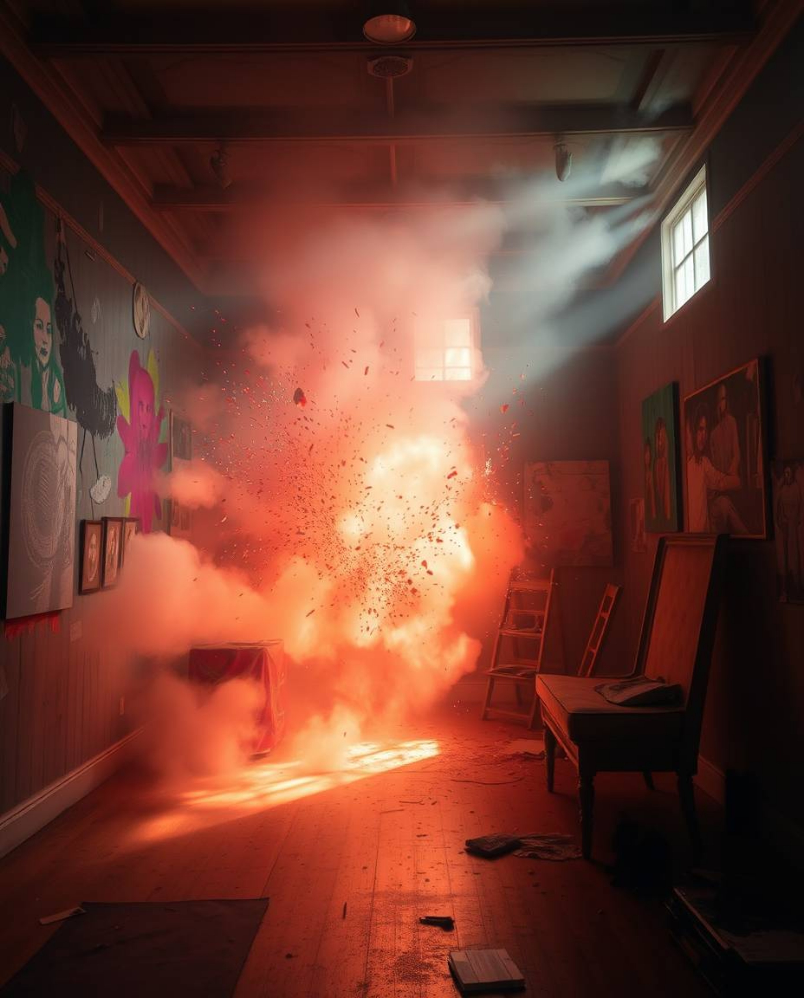 Immerse yourself in a room exploding with vibrant paint, bathed in soft, dreamy light that creates an intense and dramatic at