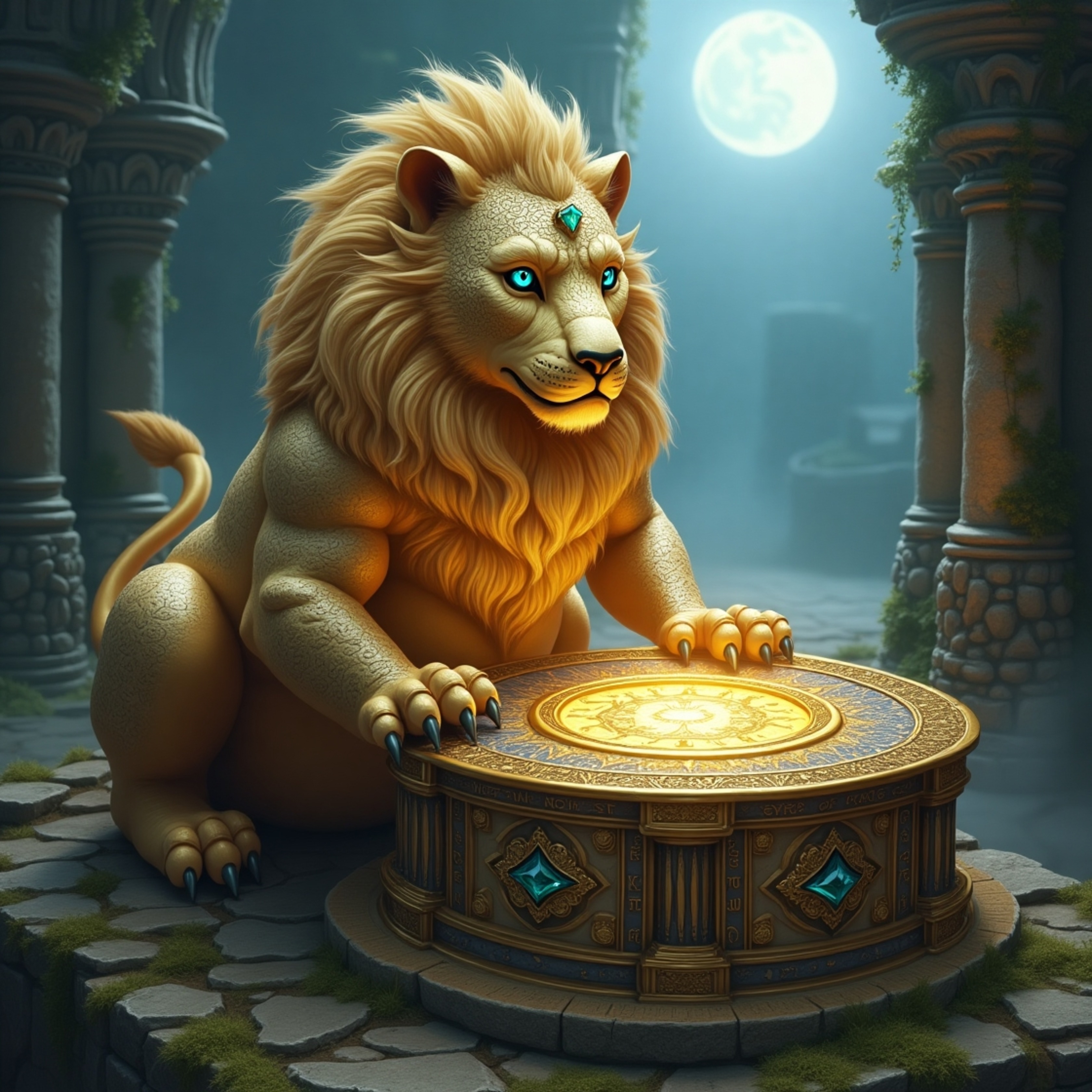 A majestic serpent-lion creature, with a golden body adorned with silver patterns and emerald and sapphire scales, fiercely p