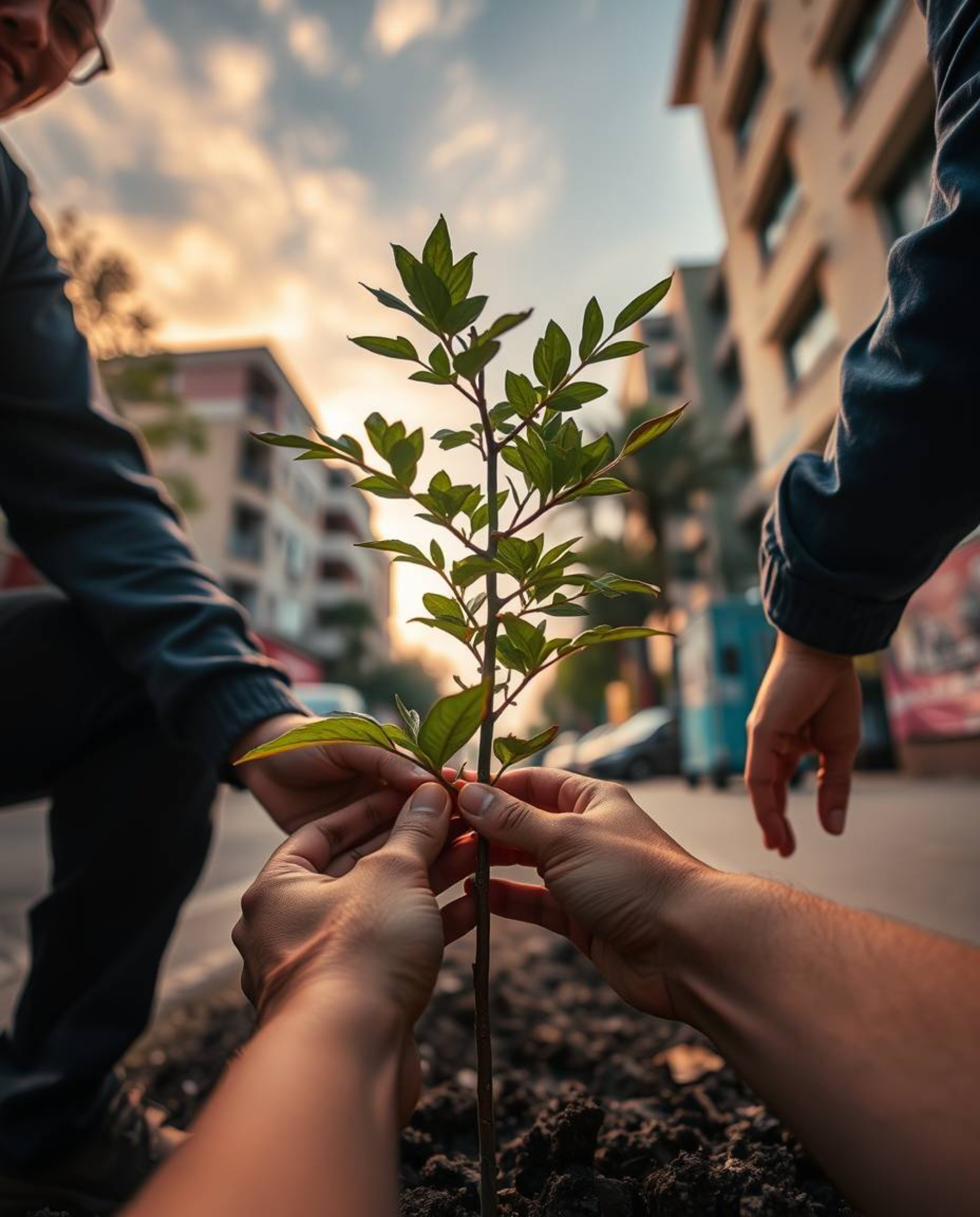A captivating street photography image depicts hands planting a tree against a breathtaking golden sunset.  The vibrant color