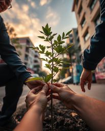 A captivating street photography image depicts hands planting a tree against a breathtaking golden sunset.  The vibrant color