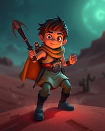 A brave Disney-style hero embarks on a thrilling desert adventure, captured in a moody and evocative style. The scene is brou