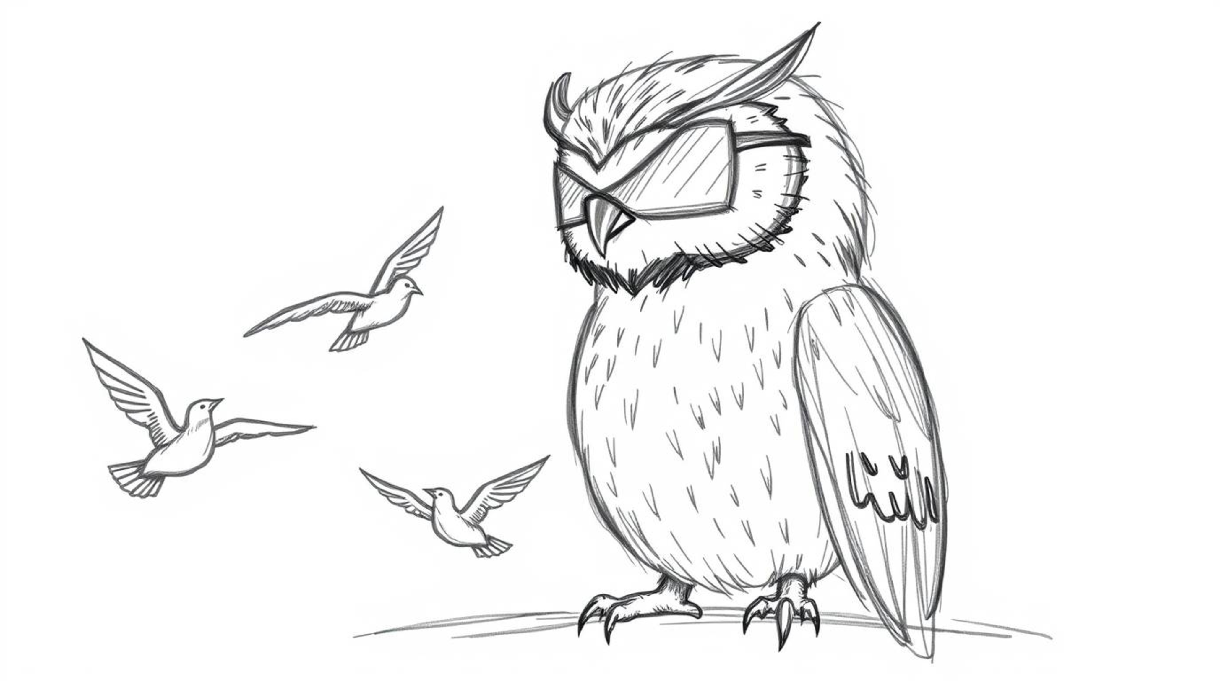 This whimsical hand-drawn sketch, reminiscent of Pixar's style, portrays a blind owl patiently teaching birds how to fly. The