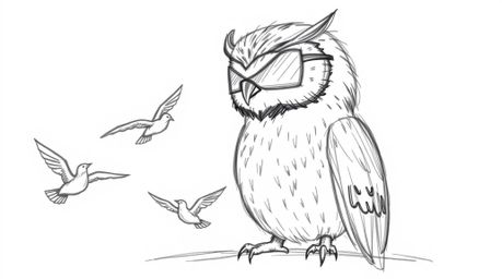 This whimsical hand-drawn sketch, reminiscent of Pixar's style, portrays a blind owl patiently teaching birds how to fly. The