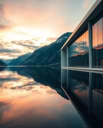 A precise architectural color photograph of a glassy fjord reflecting a sunset. This image is defined by its sharp lines, hig