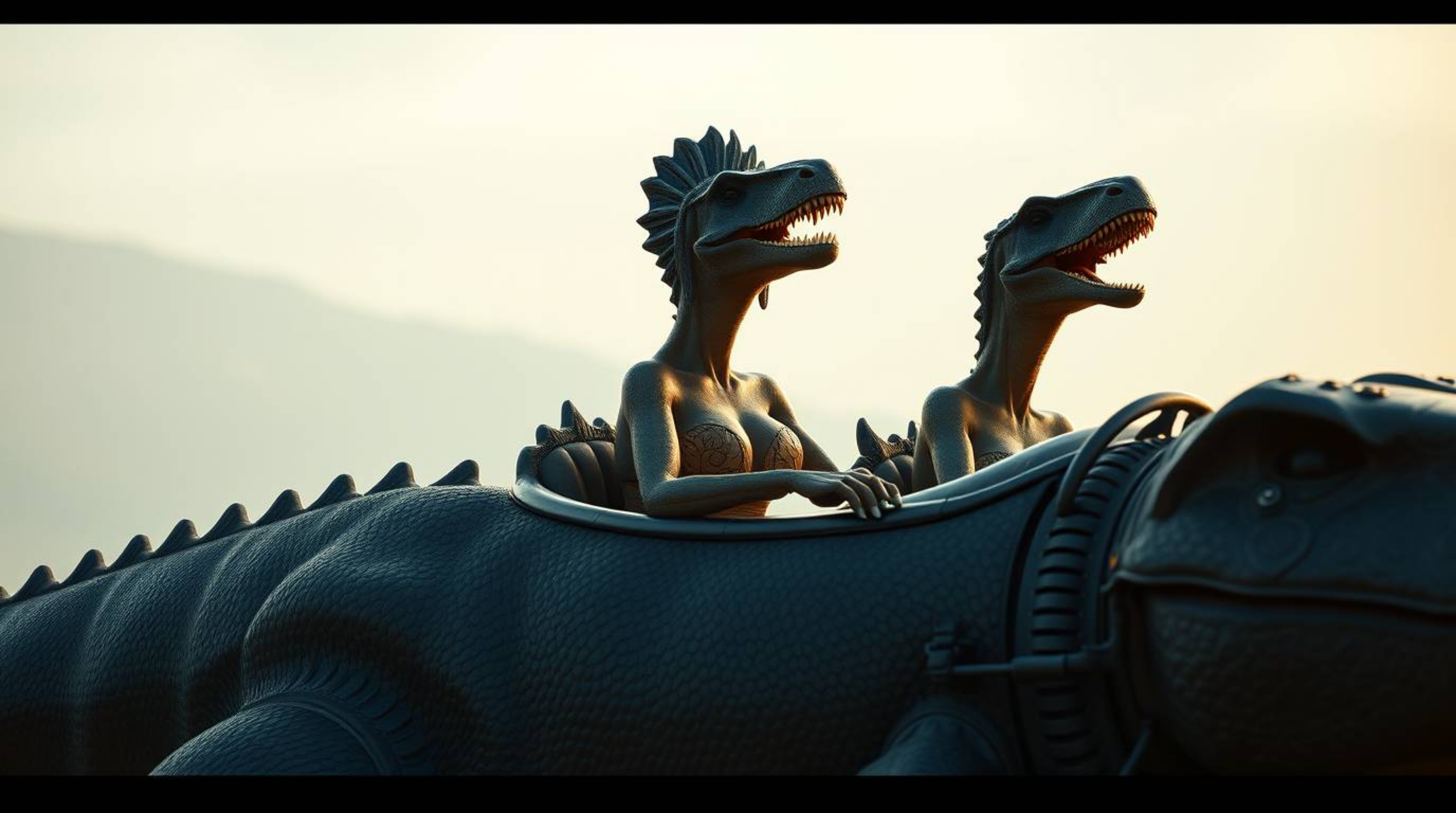 A refined prehistoric family enjoys a graceful ride in their dinosaur car, bathed in gentle, soft light. The scene evokes ele