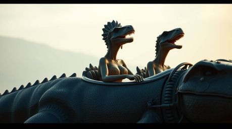 A refined prehistoric family enjoys a graceful ride in their dinosaur car, bathed in gentle, soft light. The scene evokes ele