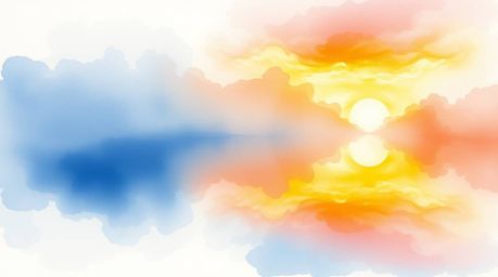 A delicate watercolor painting captures the soft, dreamy reflection of a colorful sunset in a tranquil pond. The hazy atmosph