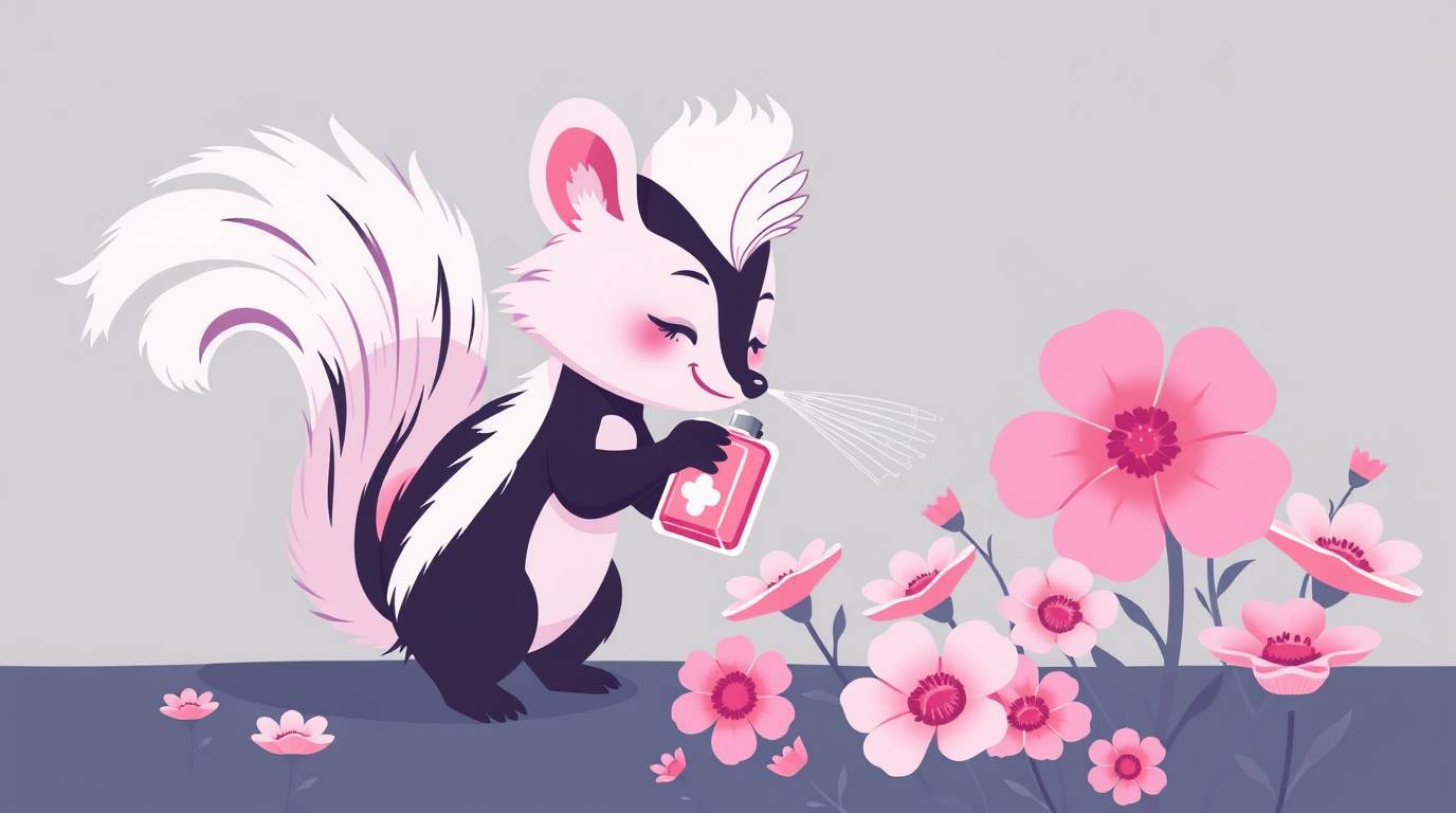 A captivating cartoon depicts a skunk delicately spraying perfume onto flowers, realized in a modern flat design aesthetic an