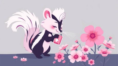 A captivating cartoon depicts a skunk delicately spraying perfume onto flowers, realized in a modern flat design aesthetic an