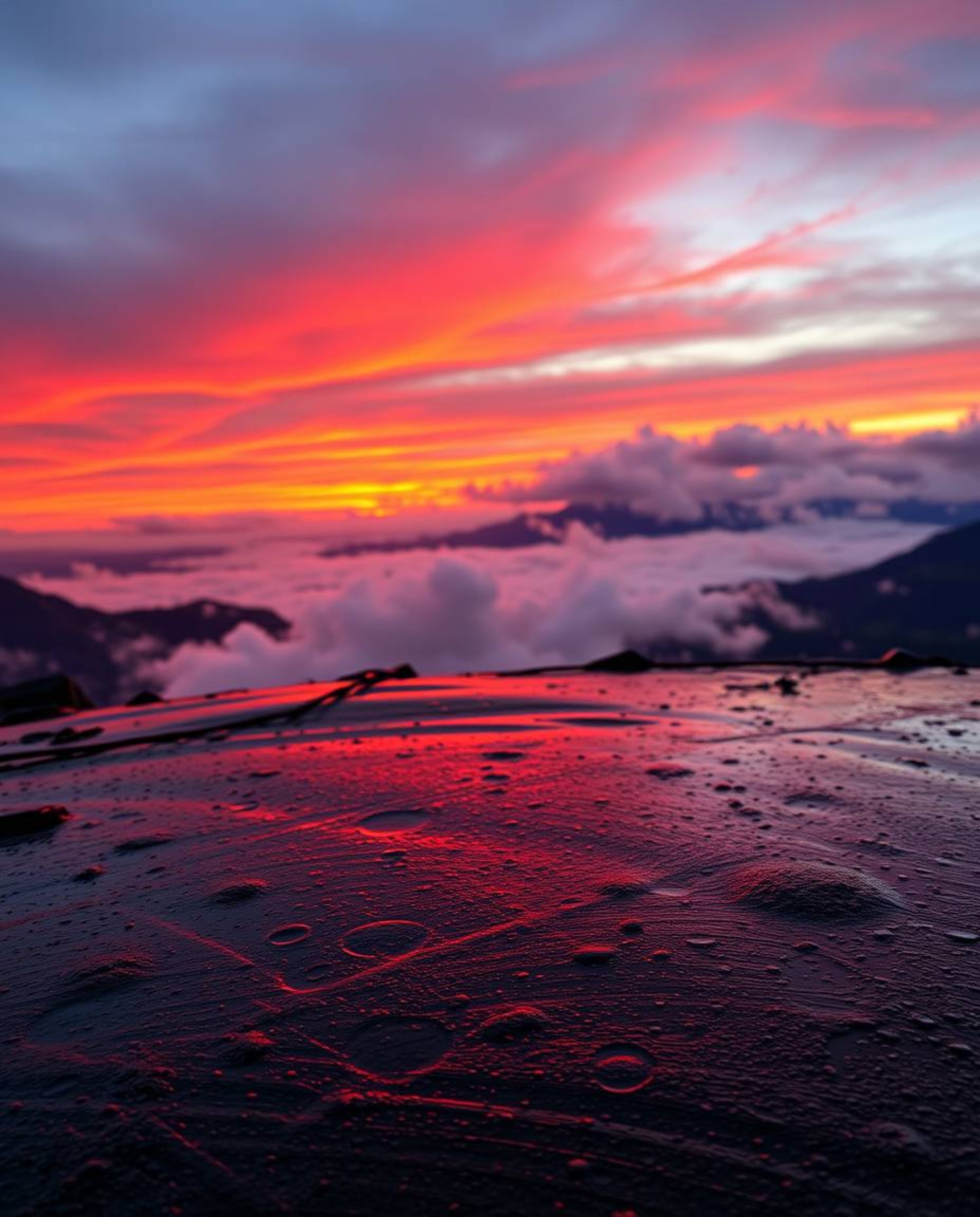 Experience a warm sunset from a high alpine peak during a wet, rainy scene. The landscape is transformed as rain-slicked surf