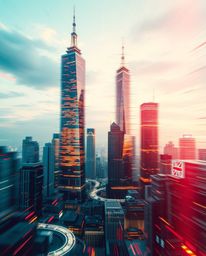 Explore a glitchy digital landscape featuring distorted skyscrapers and static noise, brought to life with dynamic motion and