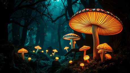 Discover a captivating digital artwork depicting a vintage-style enchanted forest.  Glowing mushrooms illuminate the scene, b