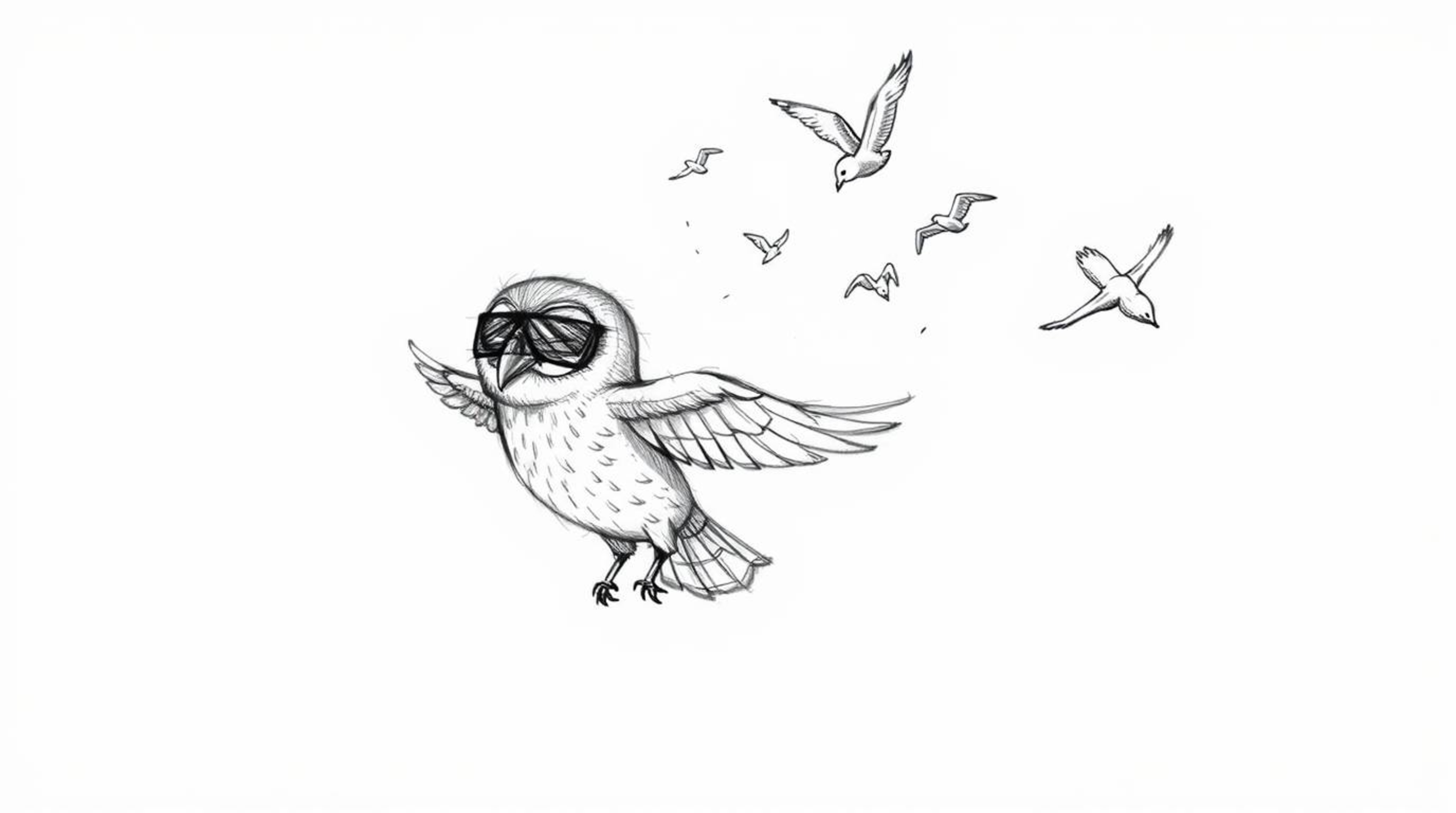 A heartwarming hand-drawn sketch in the style of Pixar depicts a blind owl patiently teaching birds to fly.  The image featur