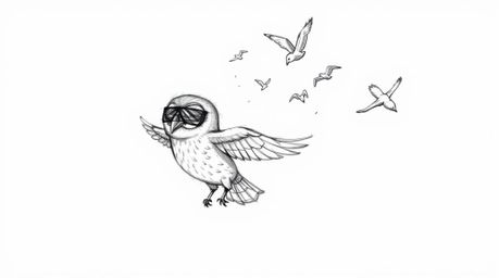 A heartwarming hand-drawn sketch in the style of Pixar depicts a blind owl patiently teaching birds to fly.  The image featur
